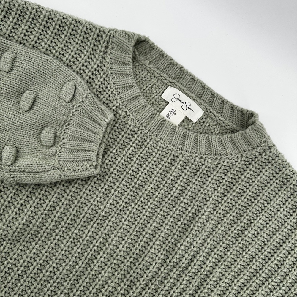 Jessica Simpson Knit‎ Sweater Women's Small Green Pom Pom Long Sleeve Casual